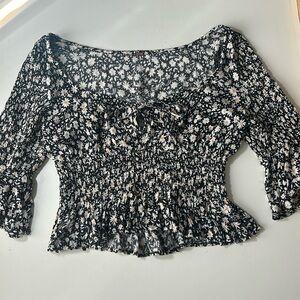 Free People Daisy Smocked Peasant Half Sleeve Crop Top Low Cut A